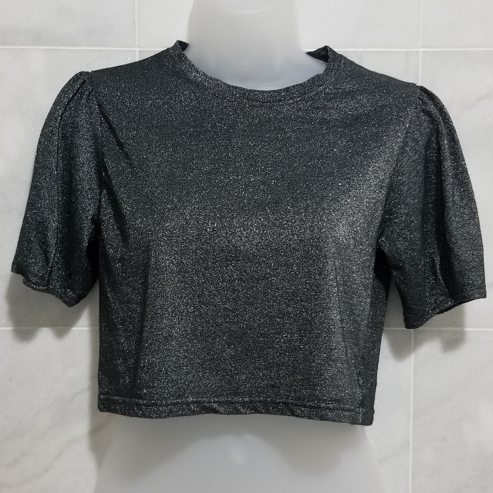 Among Grey Metallic Puff Sleeve Crop Top small